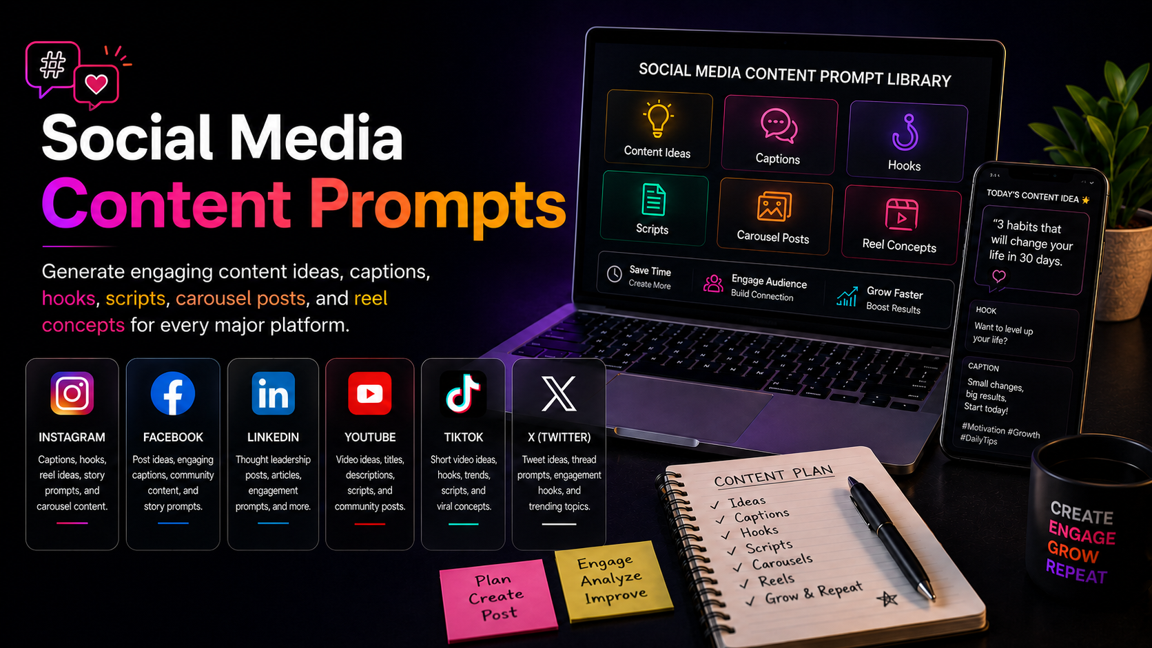 Social Media Content Prompts for content ideas, captions, hooks, scripts, carousel posts, and reels